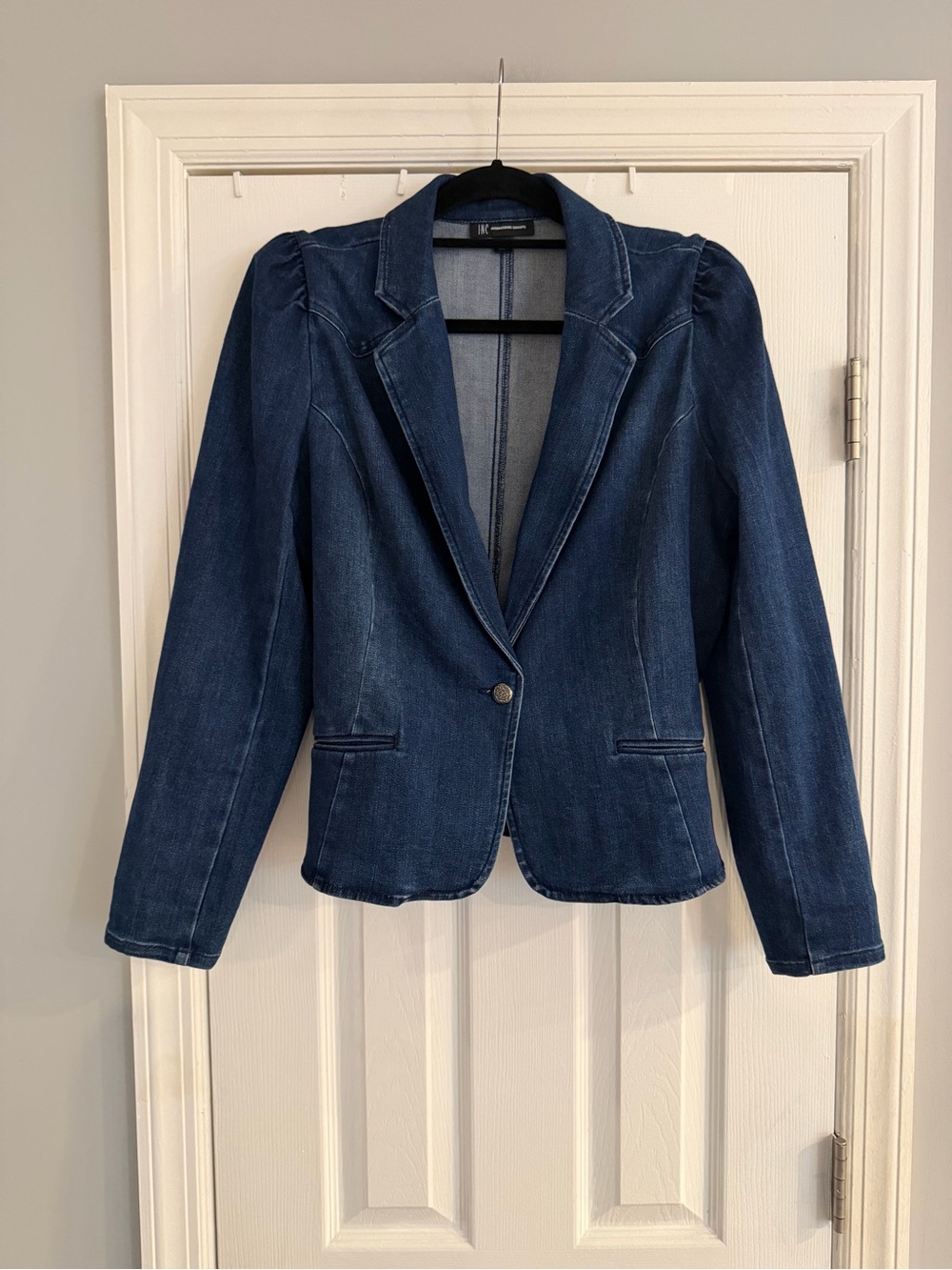 INC International Concepts Stretch Denim Blazer with Puff Sleeves Size L